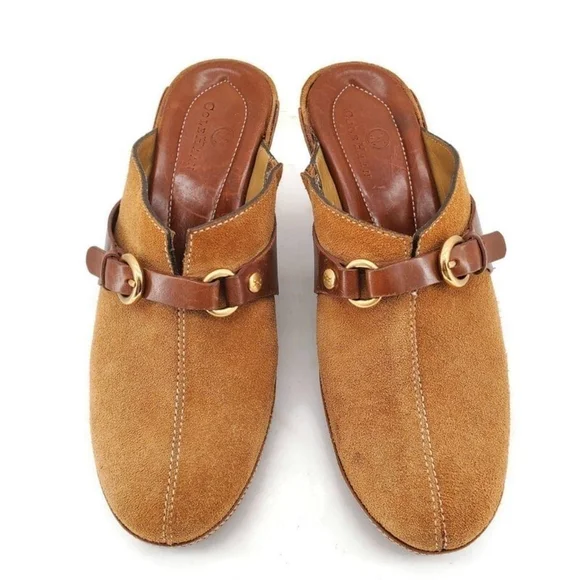 Cole Haan Tan Suede & Brown Leather Gold Buckle Strap Slide-On Mid Heel Mules - Picture 5 of 15